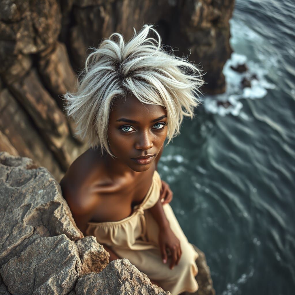 Hyperrealistic African Woman on Cliffs Overlooking the Sea