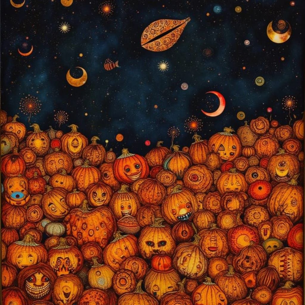 <lora:Mixedfeelings:1.0> A giant, whimsical pumpkin patch under a swirling, psychedelic sky. Tiny, glowing creatures flit between the gourds...