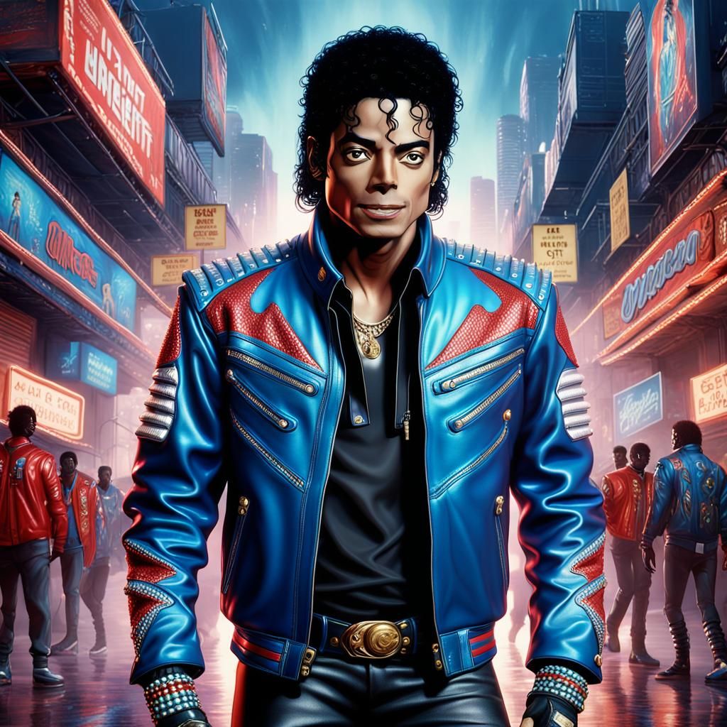 Michael Jackson wearing a his beat it jacket