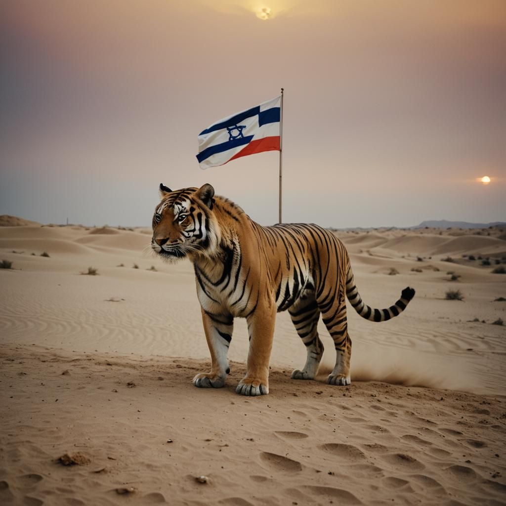 Tiger Wrapped in Israel Flag in Desert Sunset