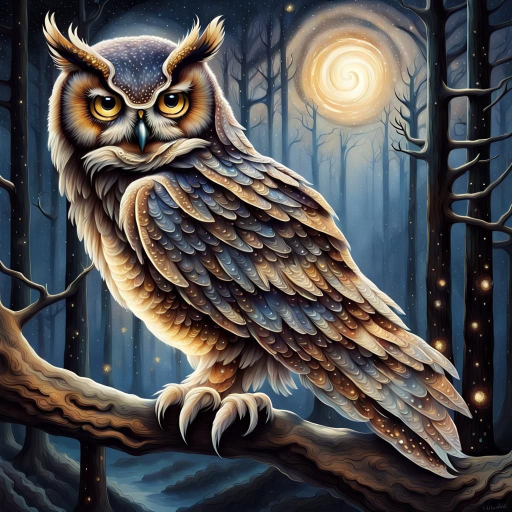 Premium AI Image  Mystical Wise Owl Perched on Cosmic Tree Branch Abstract  Nature Art