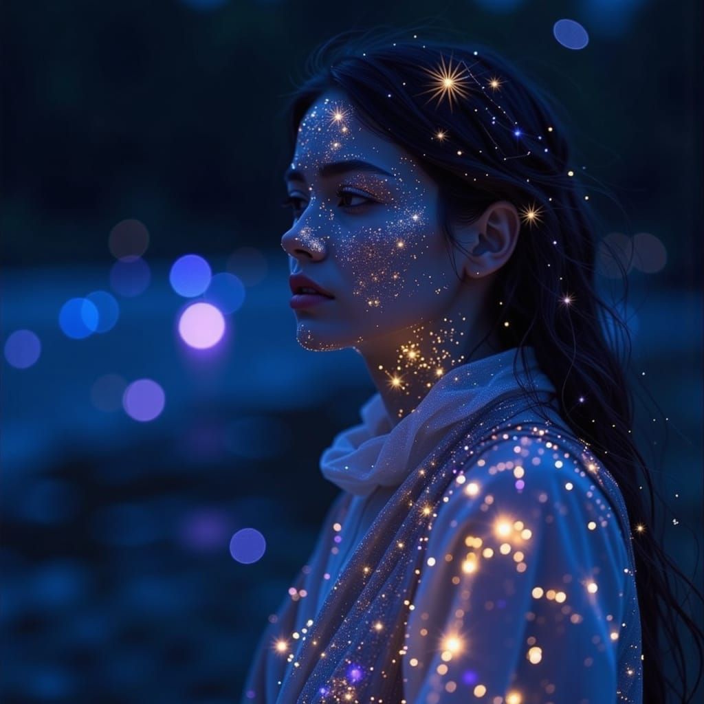 a full body fantasy octane render of the personification of the zodiac Virgo as an epic, dark fantasy, being with Stars on face Stars tattoo...