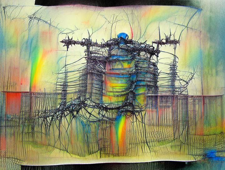 Strange Power substation ink drawing colourful Guggenheim