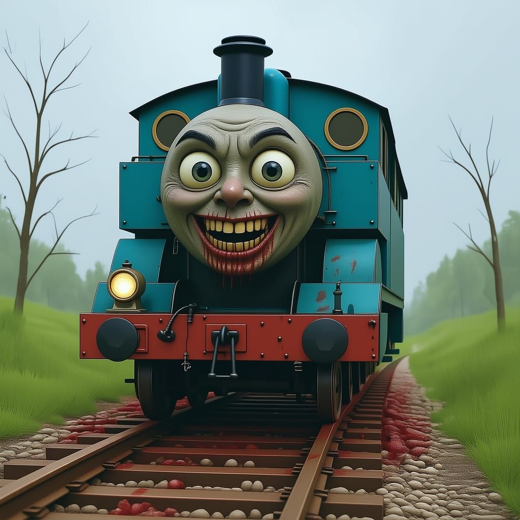 A Thomas the Train toy is subverted into a demonic horror character. 