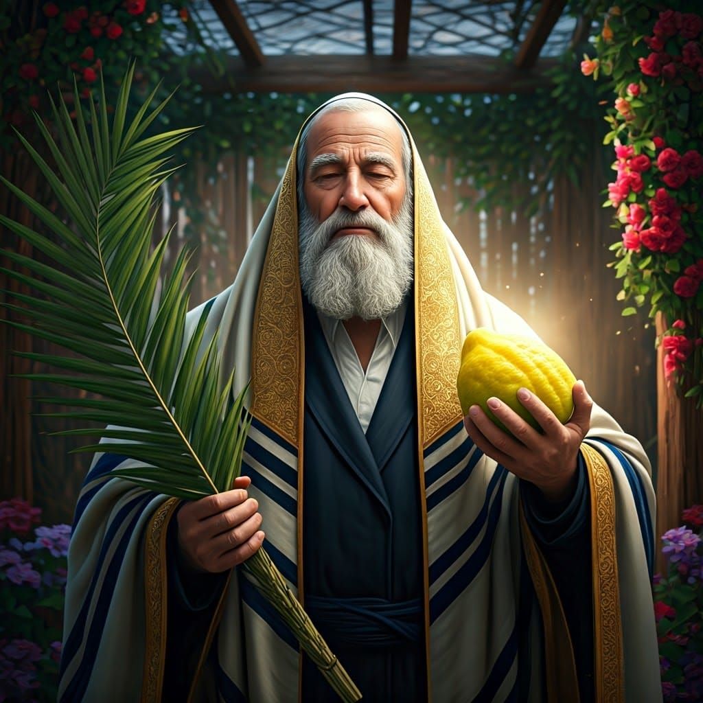 Hasidic Man in Sukkah with Lulav and Etrog