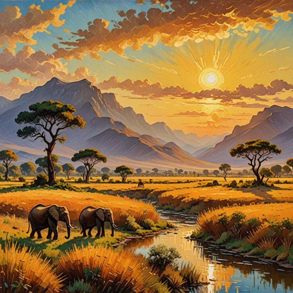 On an expansive African plateau, under the vast, a small group of acacia trees stand tall and proud, ...  by @Zwelinzima 