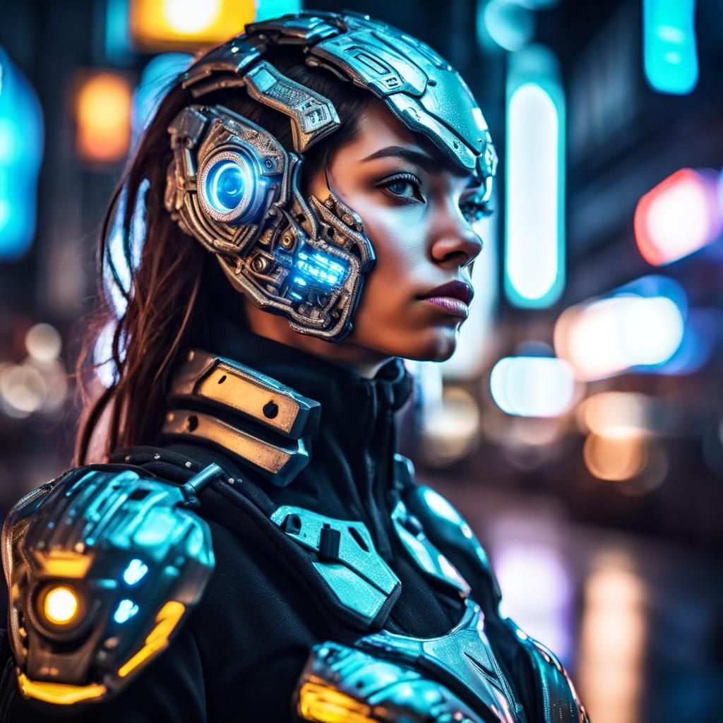 Portrait of a cyborg girl wearing futuristic face armor in a neon city ...