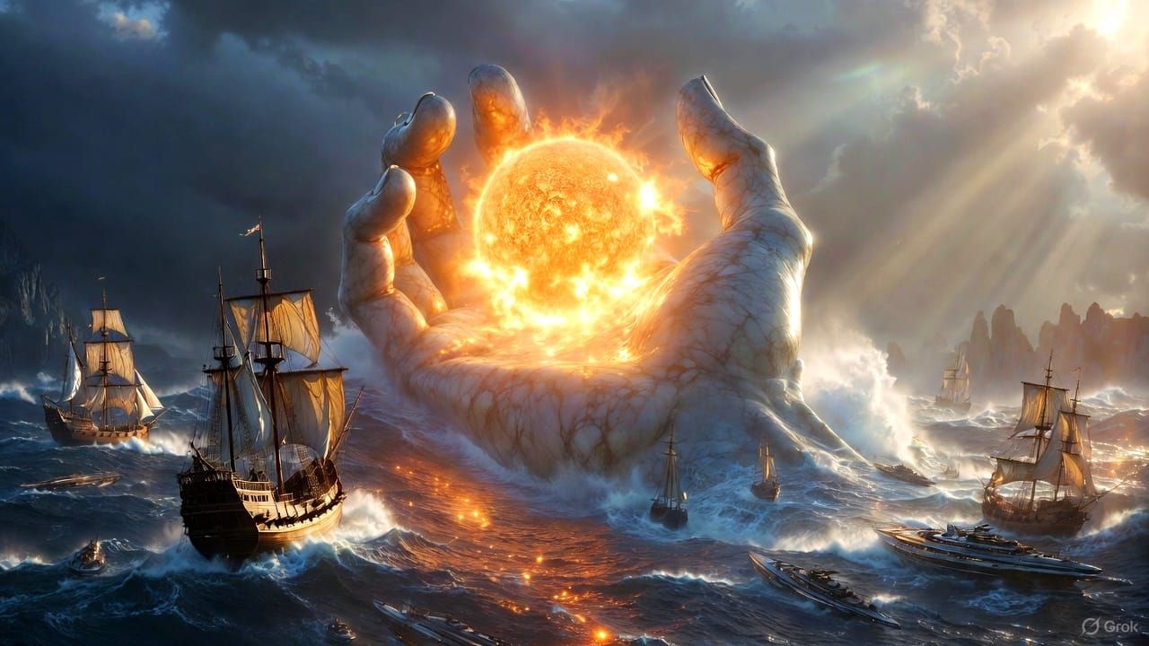 colossal, divine hand of weathered marble and glowing alabas...