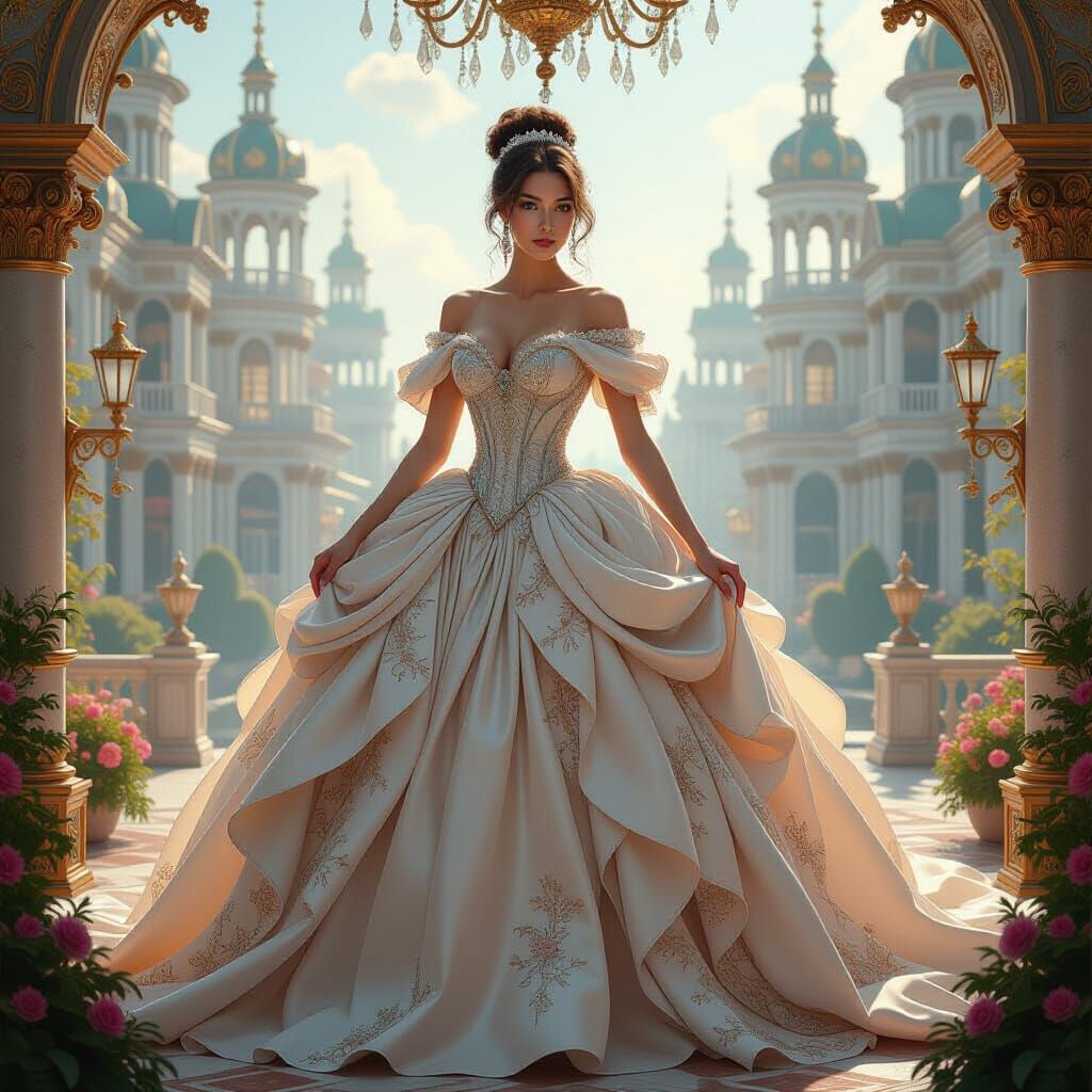 Mystical Woman in Baroque Gown Amid Fairytale Palaces