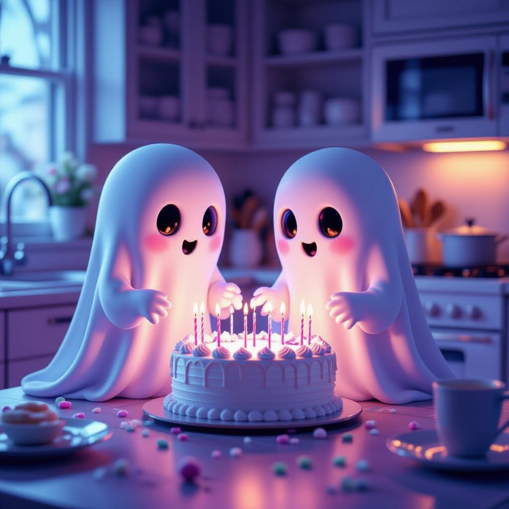 Cute Ghosts Bake Birthday Cake in Neon Glow Kitchen