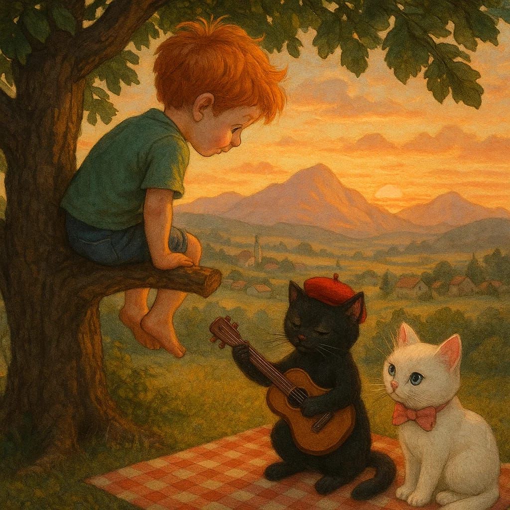 ילד ג'ינג'י מסתכל על חתולים