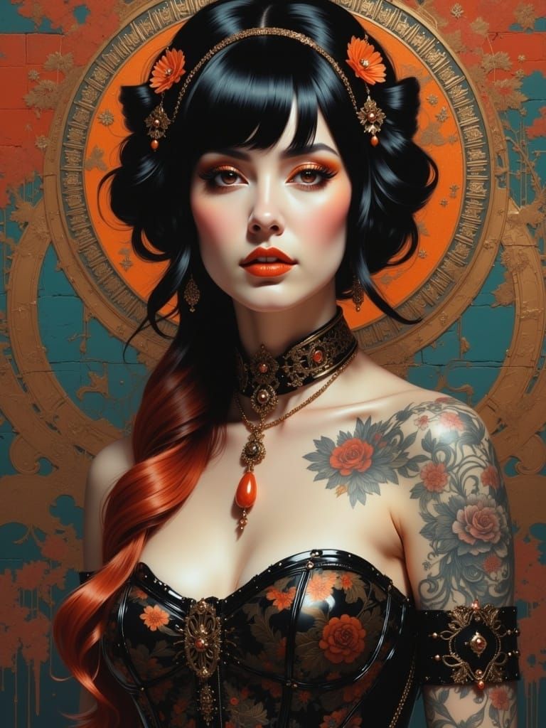 <lora:ConstellationRAW:1.0> portrait Gorgeous tattooed pin up gothic woman with stunning styled gothic fringe (tangerine:1.5) gothic hair we...