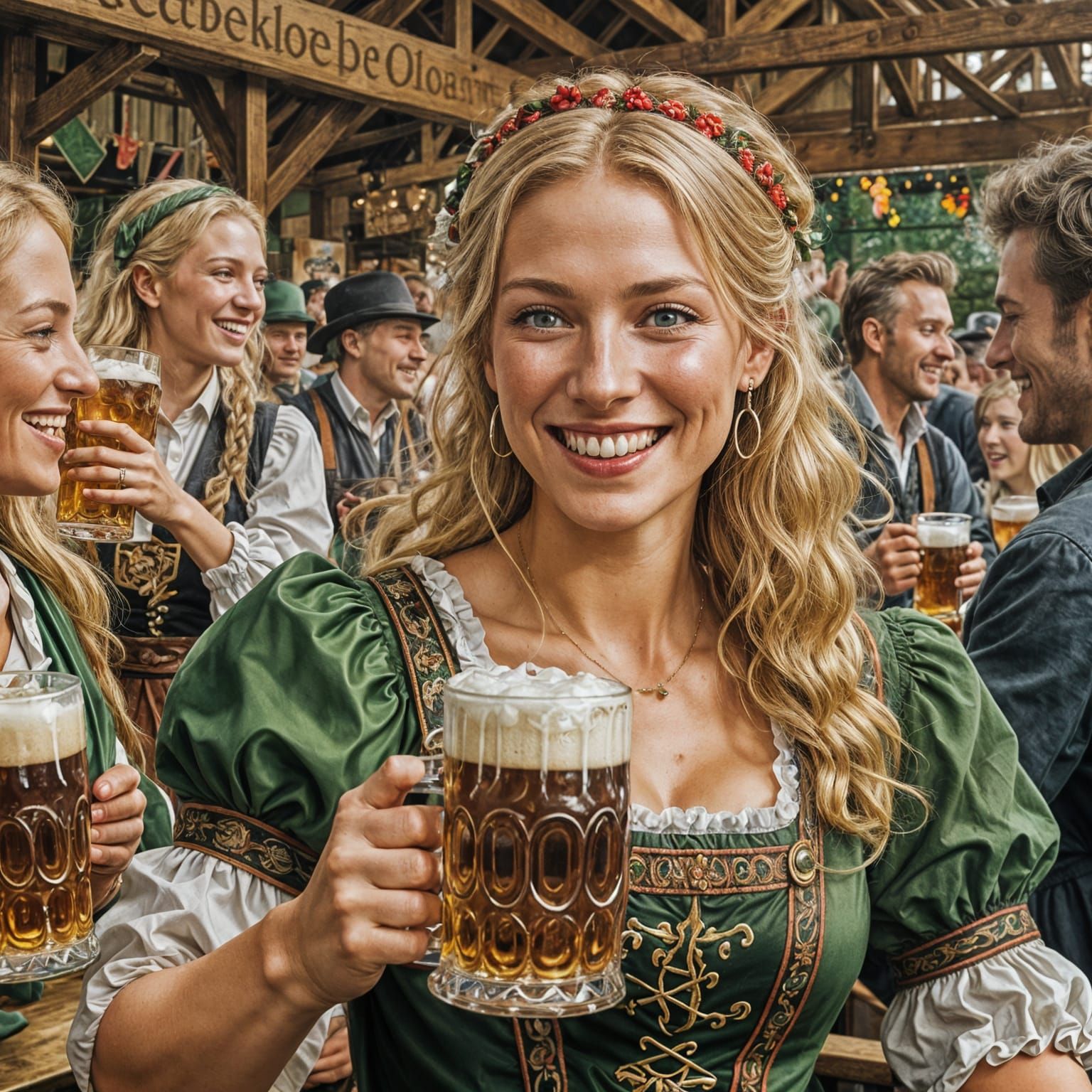 Young flaxen haired Fraulein smiling beautifully hoists a large foamy mug of beer   by @Loving the Impressionists