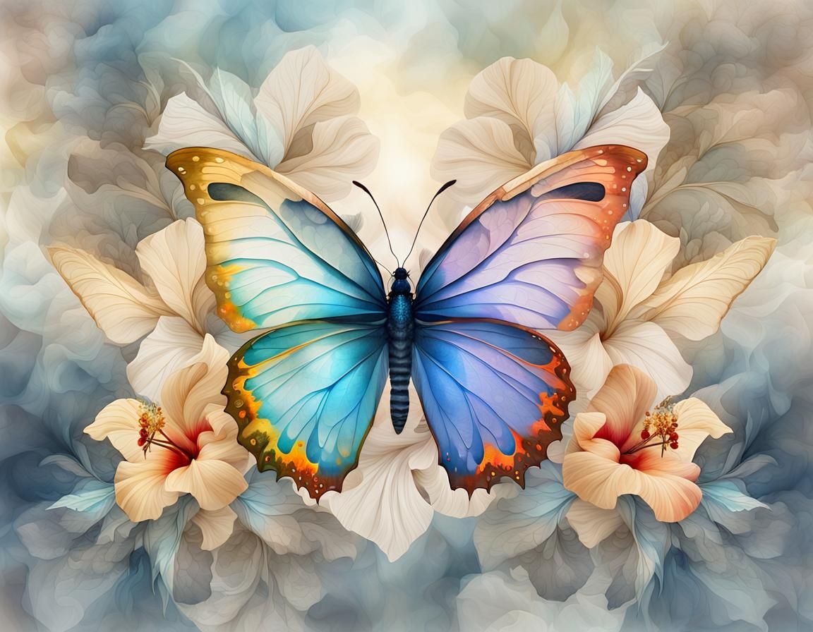 a multicolor vivid butterfly setting on a Beautiful hibiscus flower. Digital fantasy double exposure ...  by @Zainul Abideen
