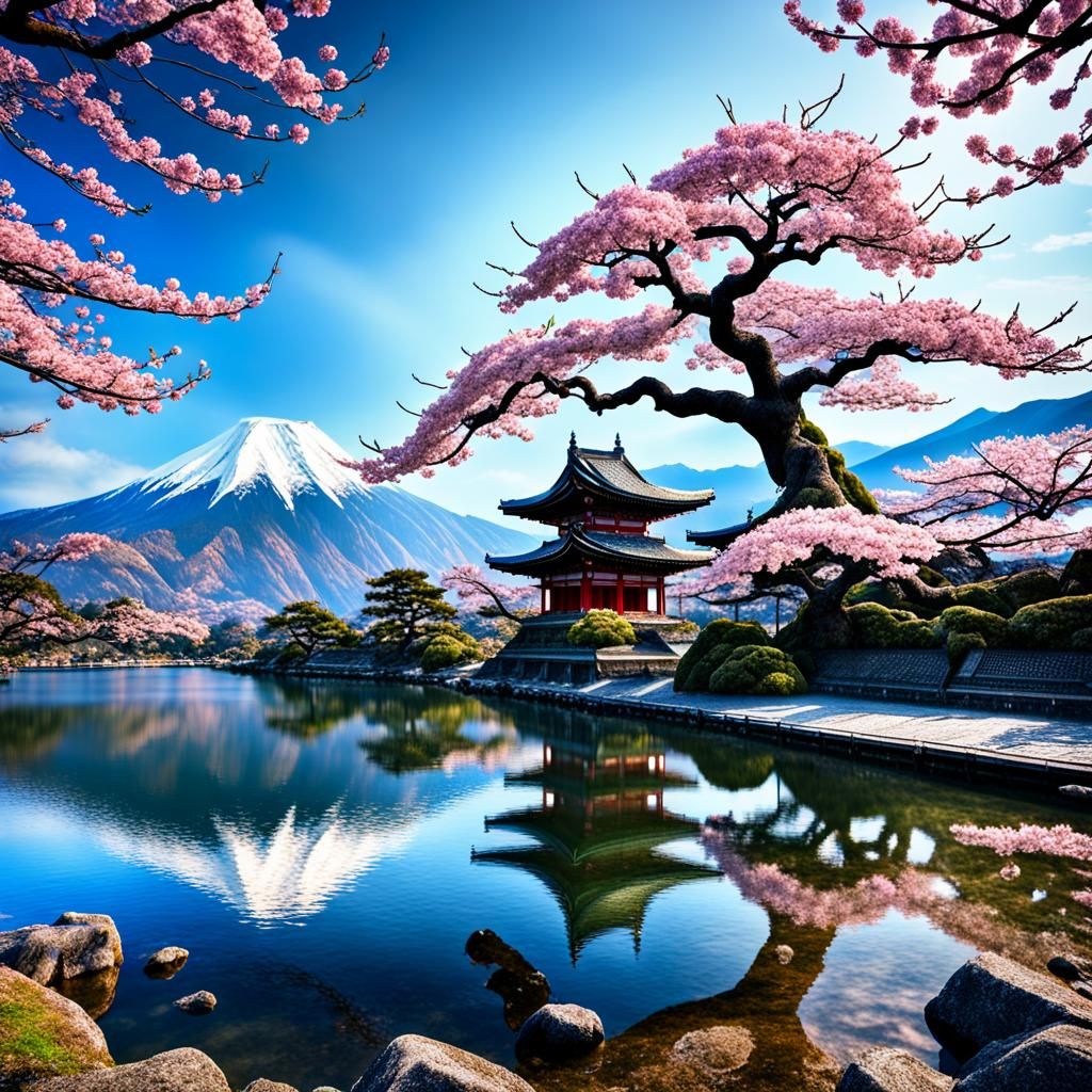 A beautiful ancient sakura tree in front of a lake. Mountain...