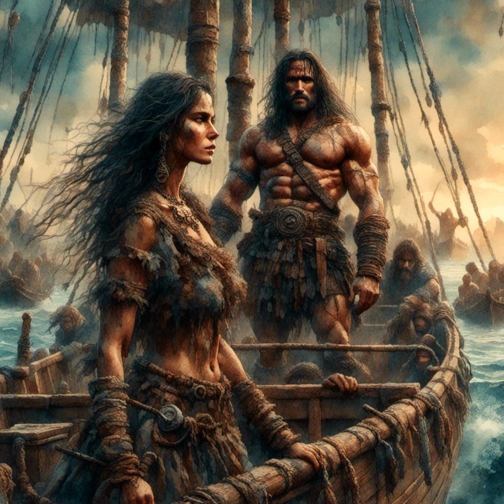 <lora:Barbarian Hero Style:1.0>  Conan the Barbarian on a boat