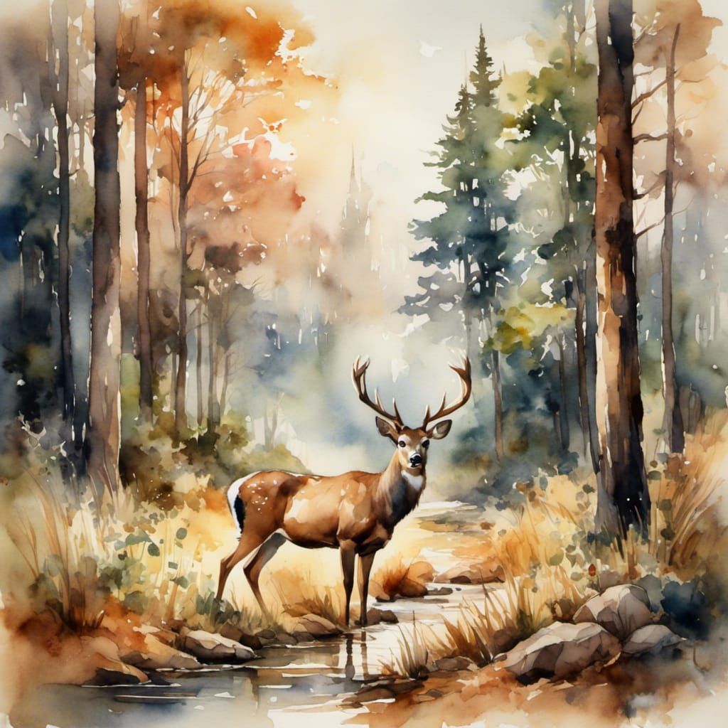  <lora:Watercolor D2:1.0>Watercolor Deer in a forest  by @Daisy