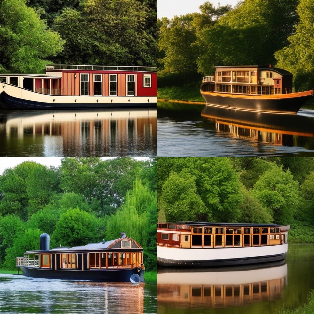 Victorian houseboat steaming gently down a river on a summer's evening
