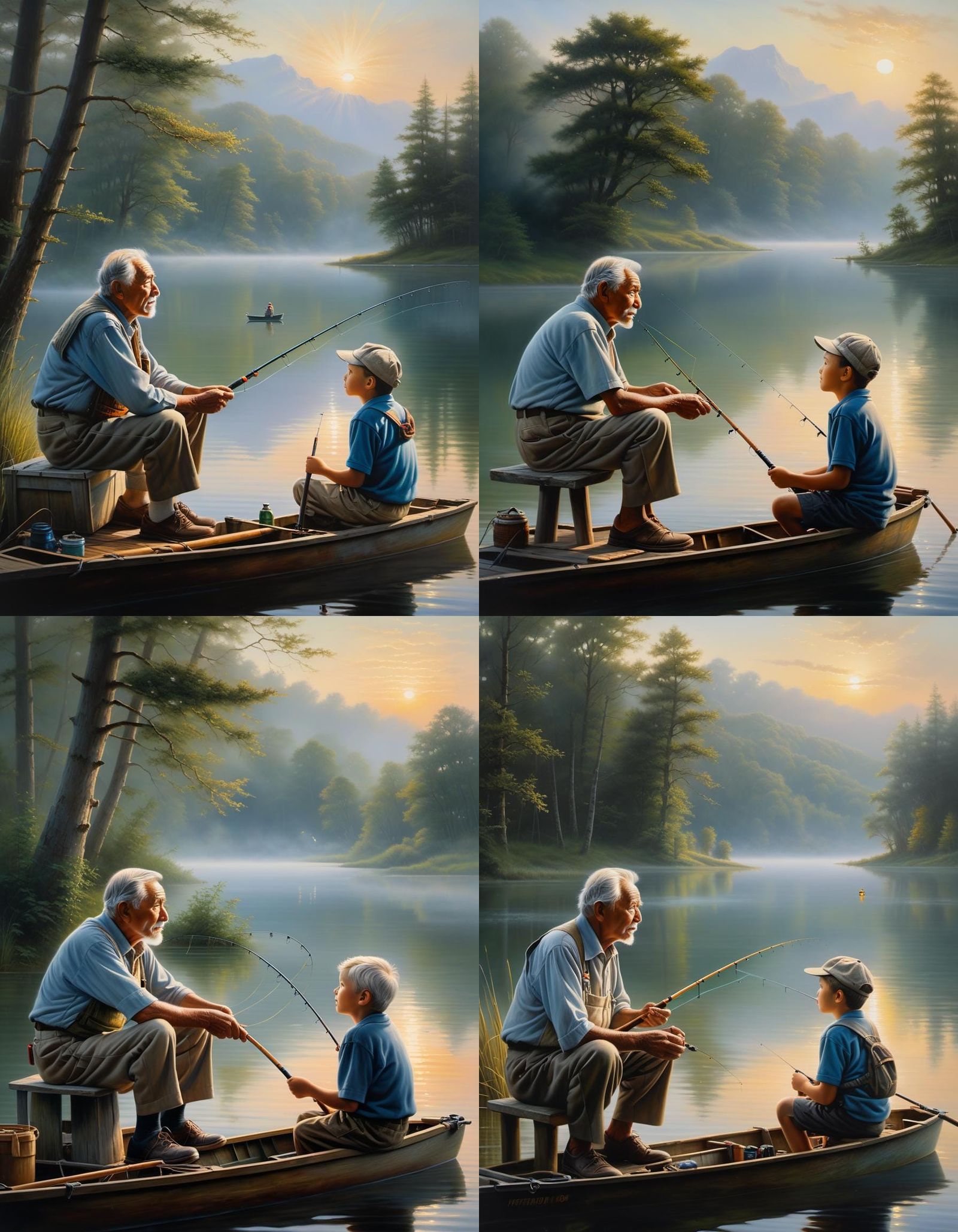 Hyperrealistic oil painting. Medium shot. A weathered, wise grandfather, face creased with stories, patiently imparts th...