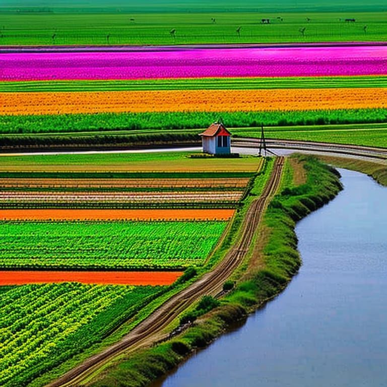 Colorful fields with an irrigation system using canals