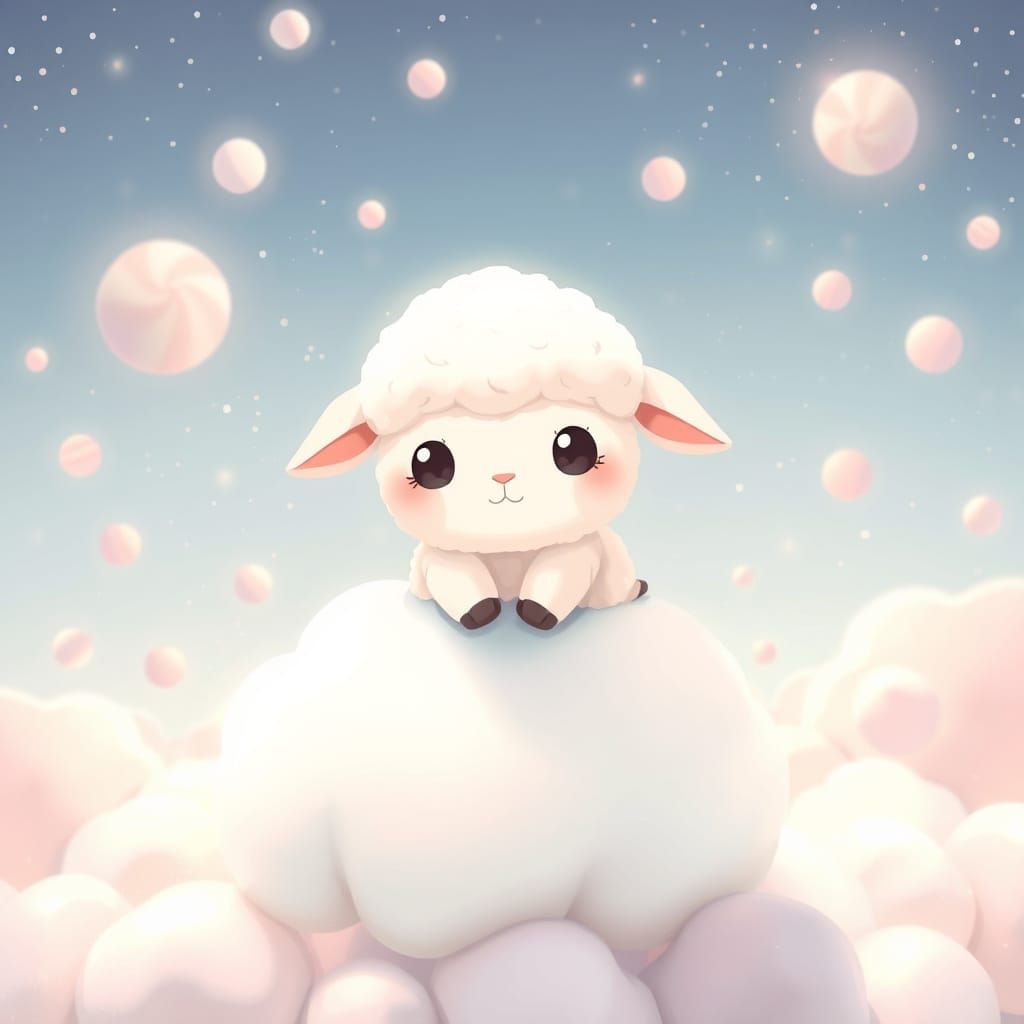Chibi Lamb on Marshmallow Cloud in Anime Style
