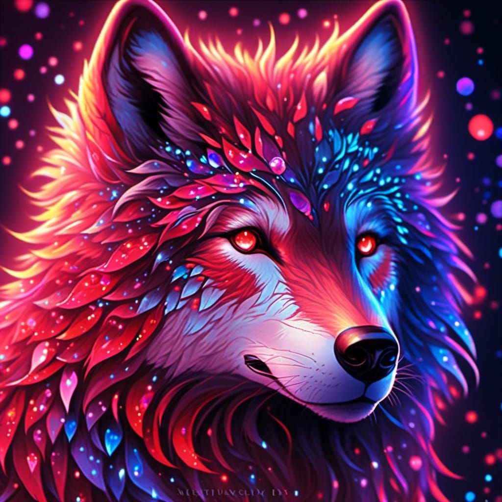 <lora:Neon sparkles:1.0> Imagine a captivating close-up of an adorable wolf, its fur showcasing a stunning neon red bleeding effect, creatin...