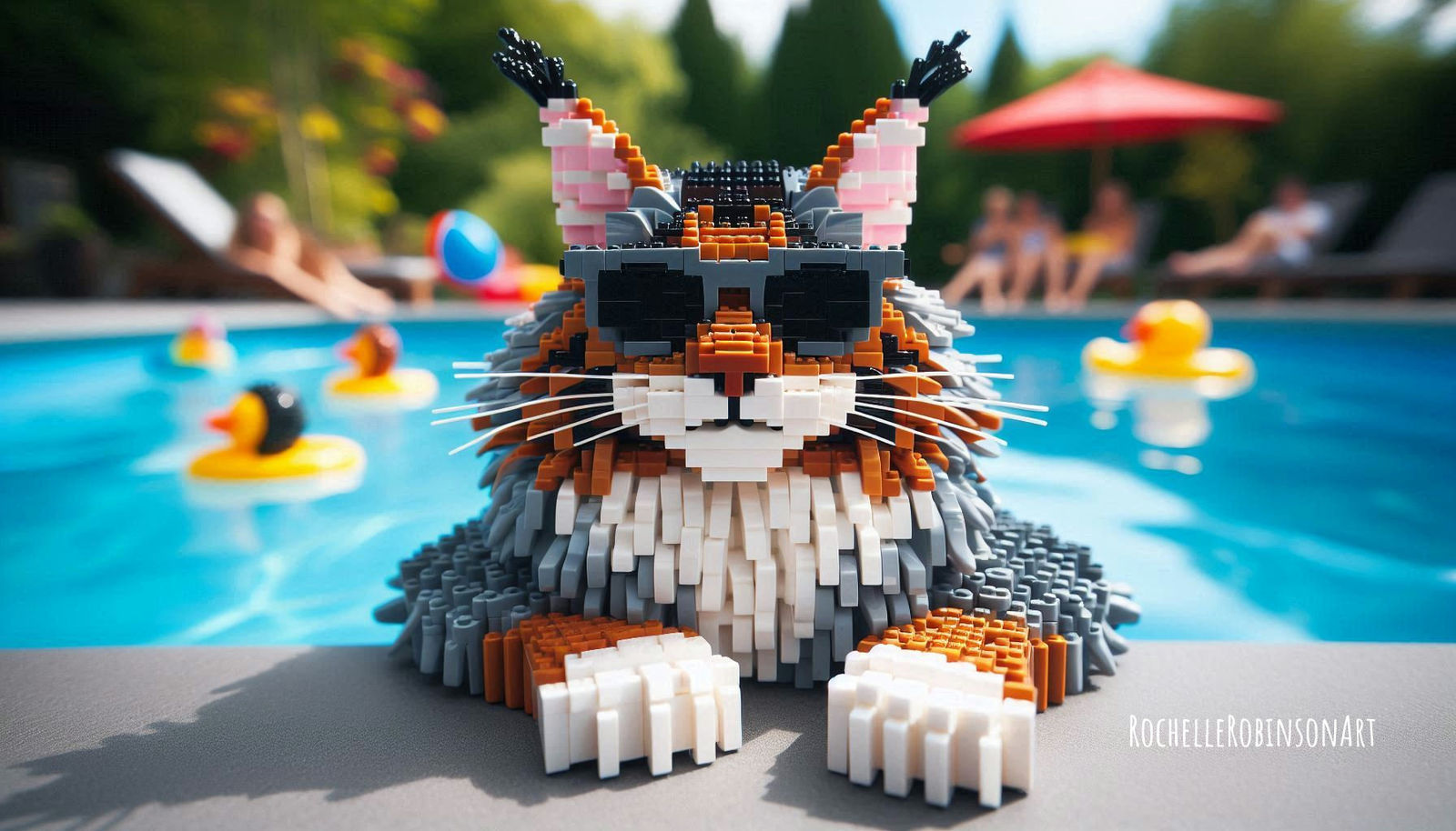 Maine C Cat Lounging At The Pool - Lego Art