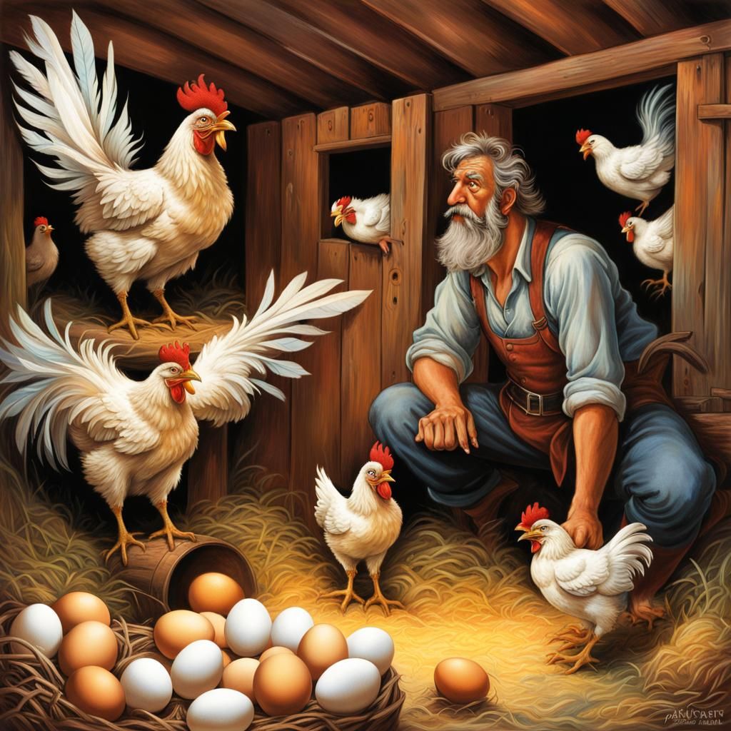 Farmer and Chickens battling over who owns the eggs....... AI