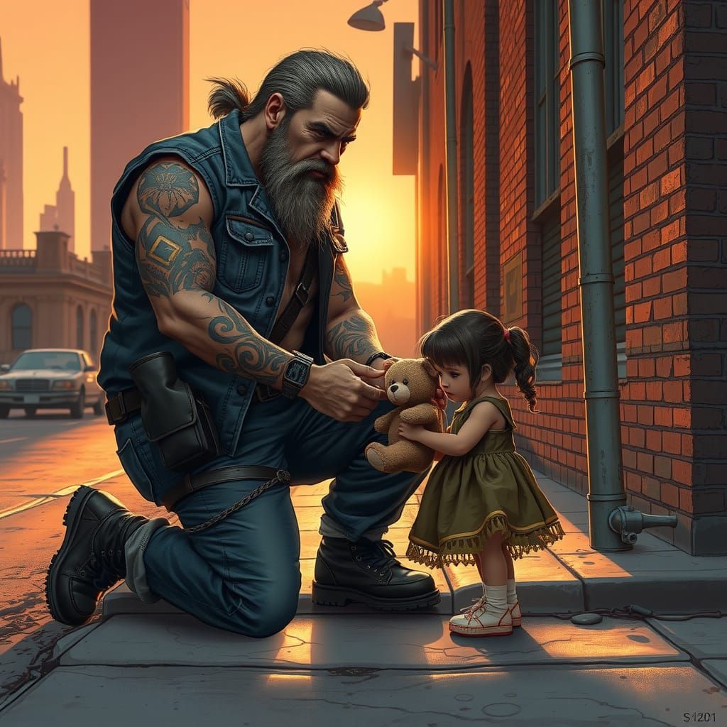 Biker gives a poor little girl a Teddy Bear  by @Slim Horton