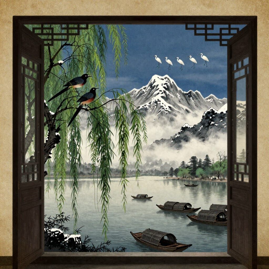 Dark Fantasy Illustration: Orioles, Egrets, Mountains, and B...