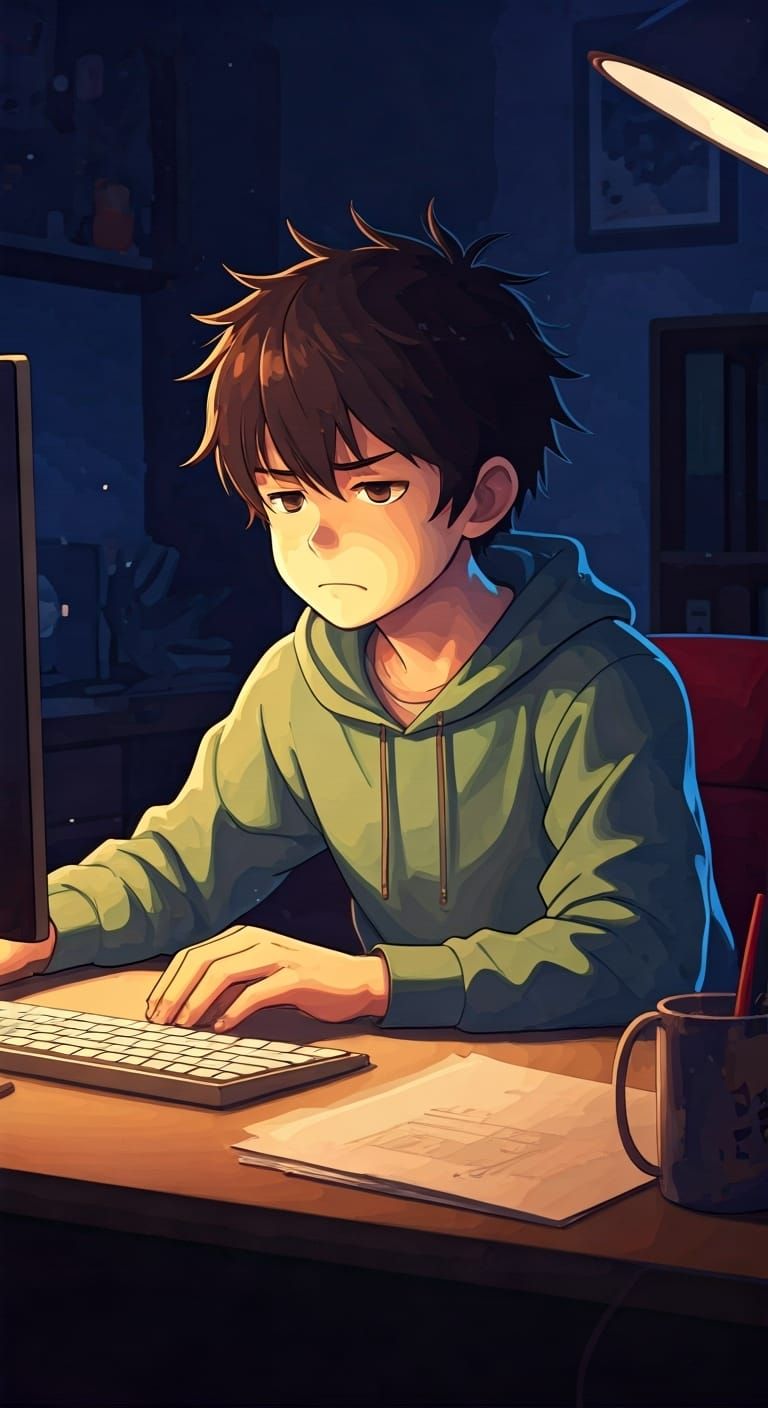 Boy Disappointed Playing Computer, Anime Style