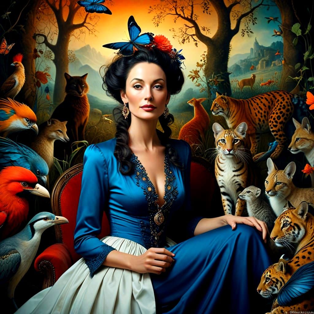 Charismatic Lady Surrounded by Fantastical Creatures in Vibr...