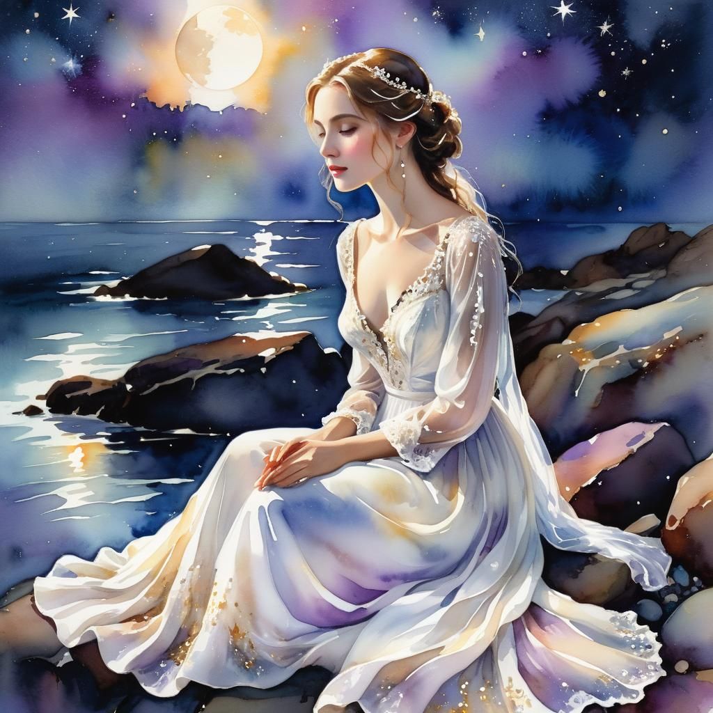 Woman on Rocky Shoreline at Night in Watercolor
