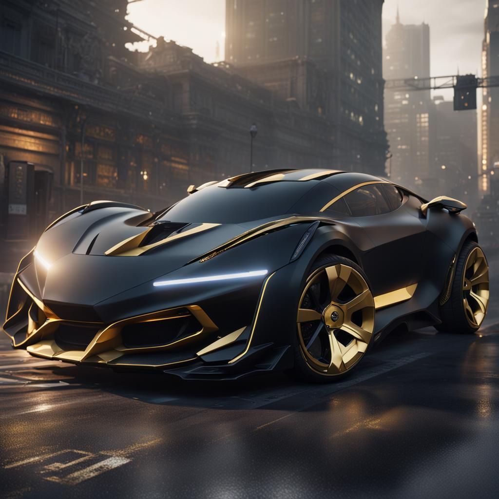 futuristic sports car with matte black paint and gold accent...
