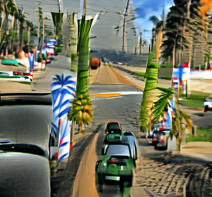 Driving to the beach the street is lined with palm trees