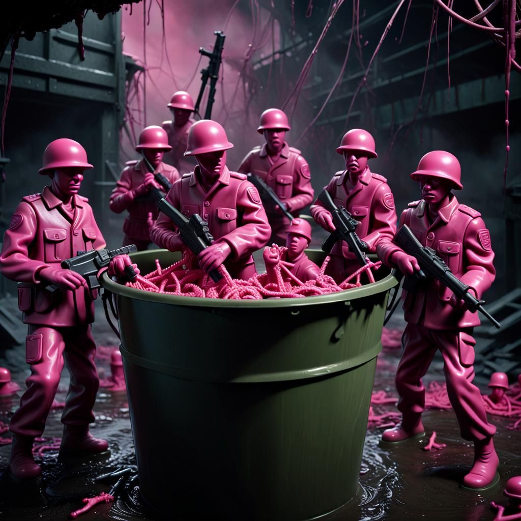 a hyperrealistic image of a diminutive group of plastic army...