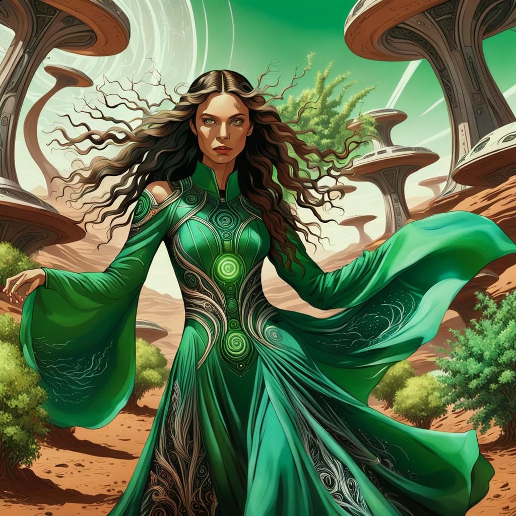 powerful futuristic sorceress long fabric dress swirling hai...