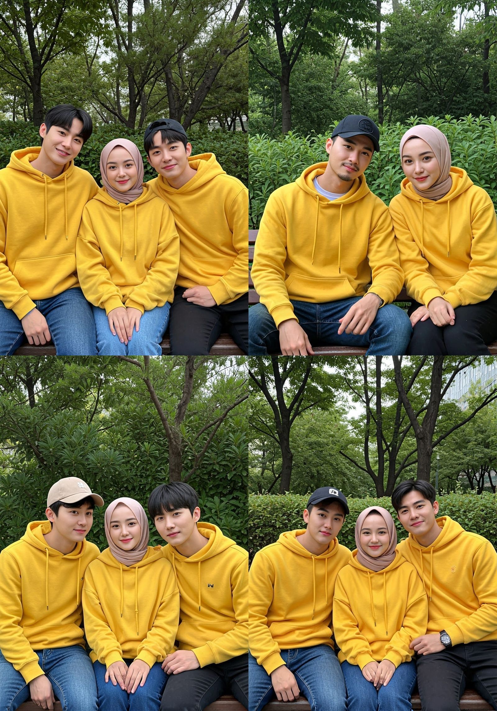 A pair of 3 Korean lovers, clean faces, Beautiful girl weari...