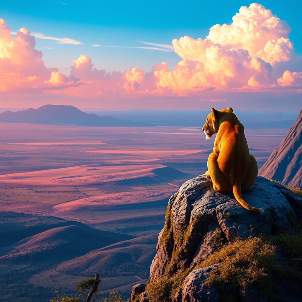 Serenely Ruling Lion King in Vast, Dreamy Savannah Landscape