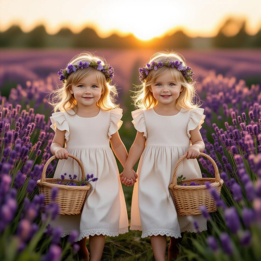 Twin Girls in Lavender Field at Sunrise
