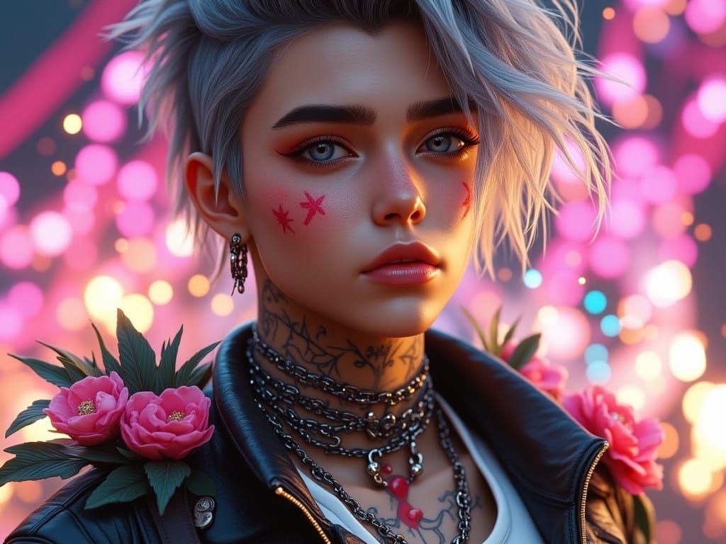 <lora:Future-Punk:1.0> handsome fem-boy, lightly open mouth, plump shiny lips, geometric pink tattoos, punk, Fluffy clouds illuminated by li...