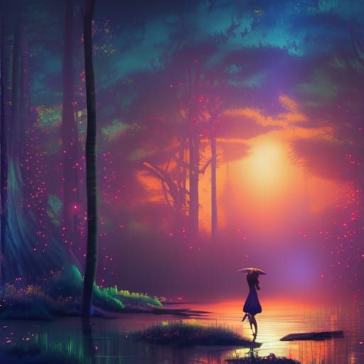 In a dark, enchanted forest, a young woman stands amidst ethereal lights  casting ghostly glows, with a sky of brooding clouds and shimmering - AI  Generated Artwork - NightCafe Creator