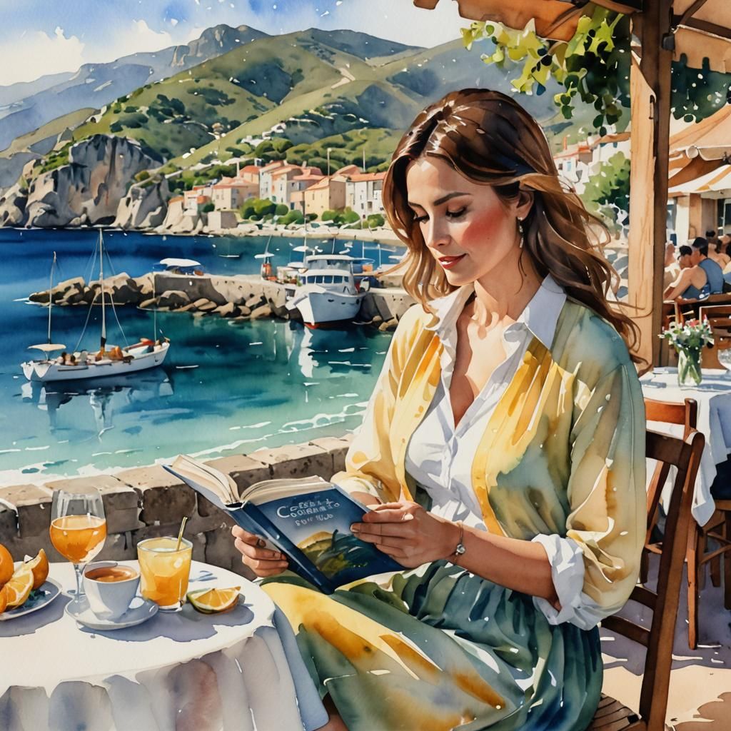 beautiful woman reading a book in a seaside cafe in Corsica  by @Belle