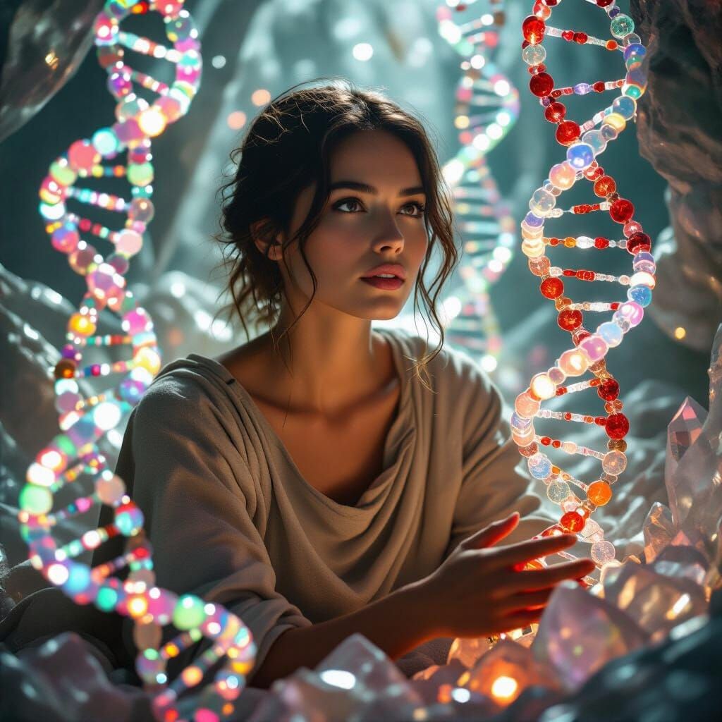 generate a rich cinematic image of dna mutating and a woman breaking free from ancestral bonds. make her look humble and average - not myste...