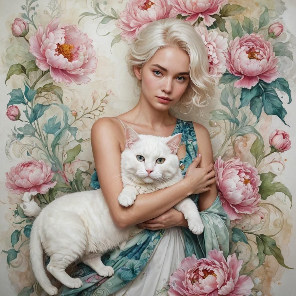 woman holding a large white cat