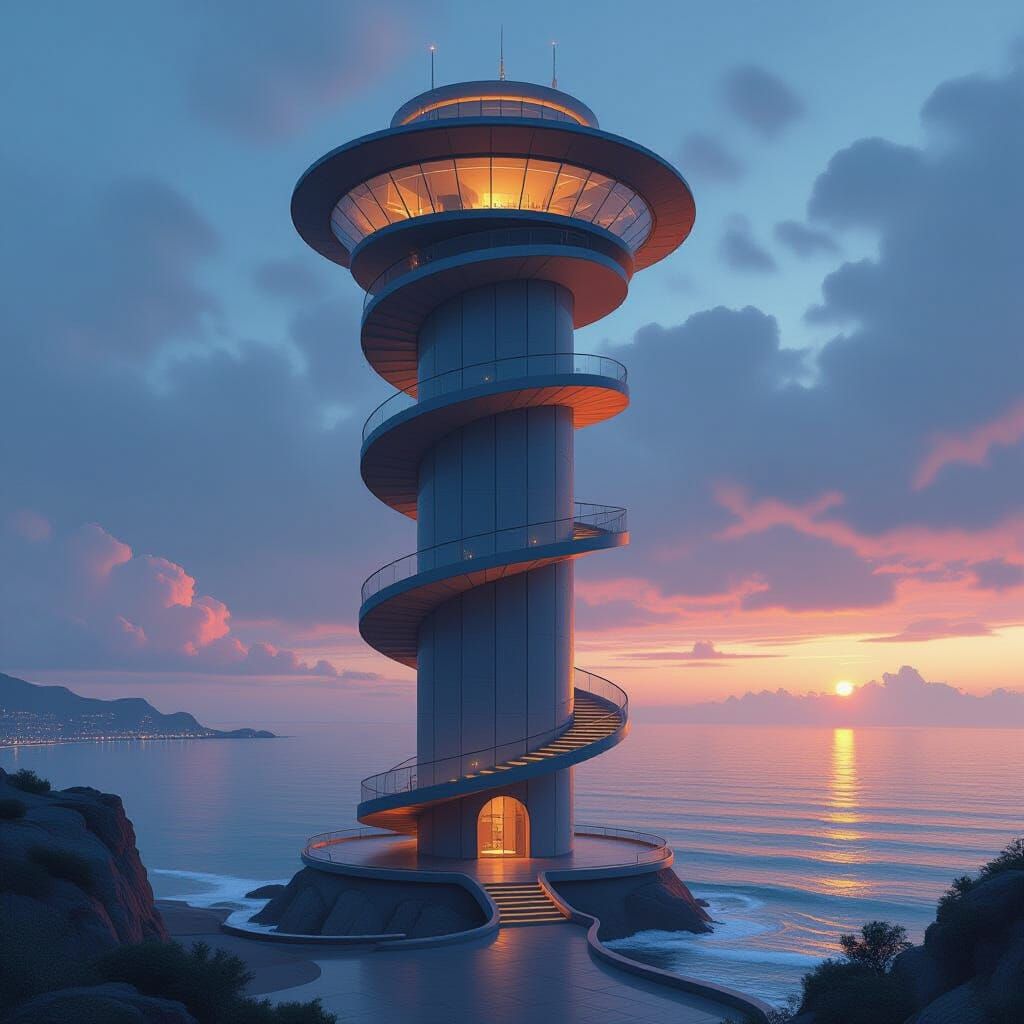 Futuristic Tower with Spiral Staircase Above the Sea