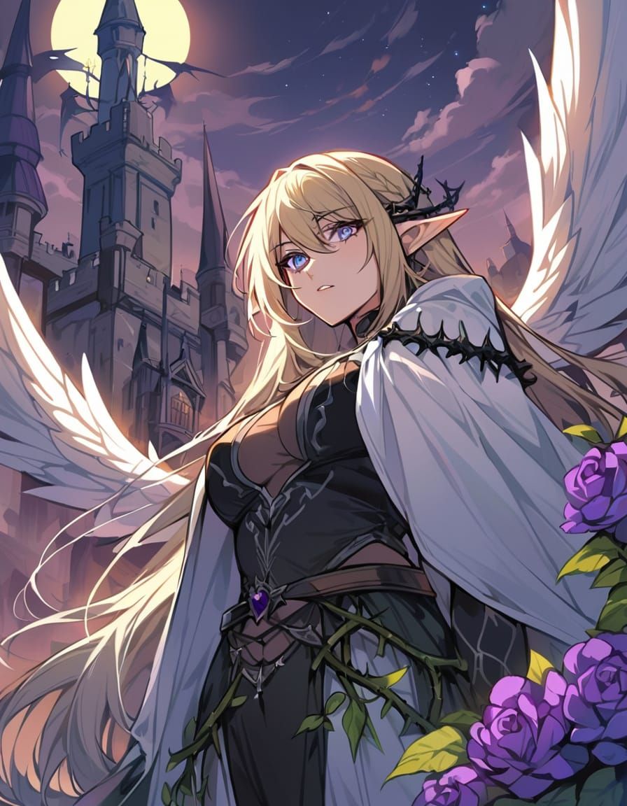 elf sorceress, rampant, white cloak, arcane tattoo, d&d, blue eyes, blonde hair, pointy ears, green, amethyst, red, moon...