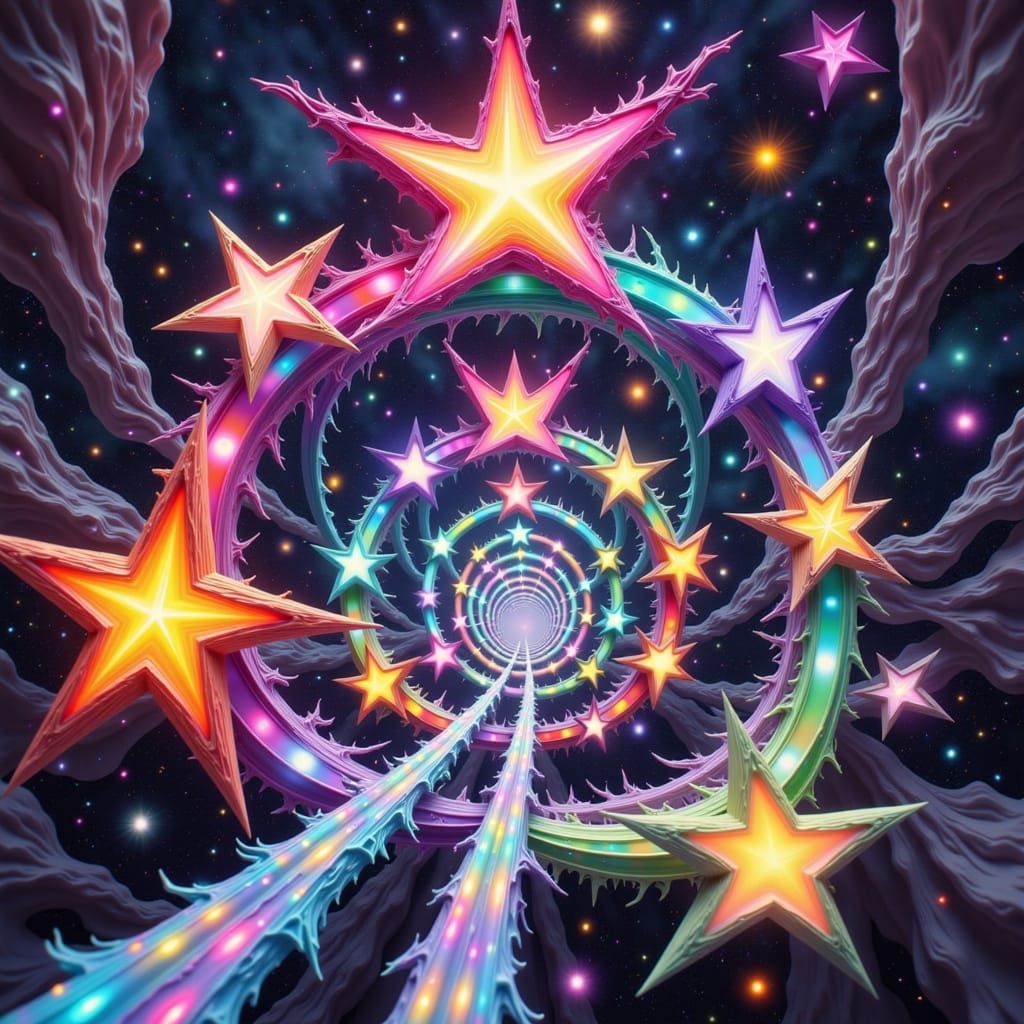 A majestic, colossal bridge of interconnected 5-pointed stars, crafted from thick, multicolored clay, spans the vast expanse of space, linki...