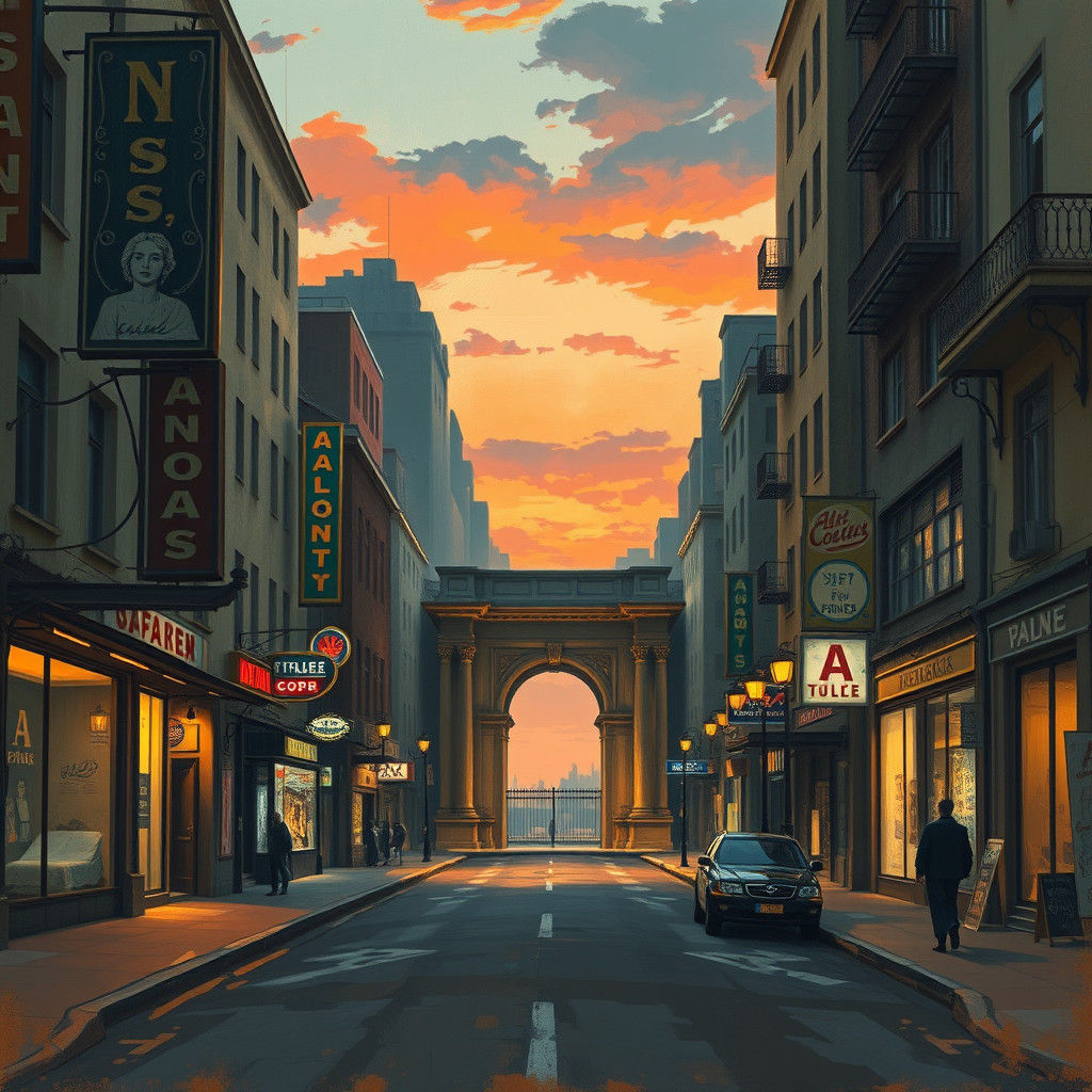 Cityscape Dusk: Vintage Shops and Distant Gate