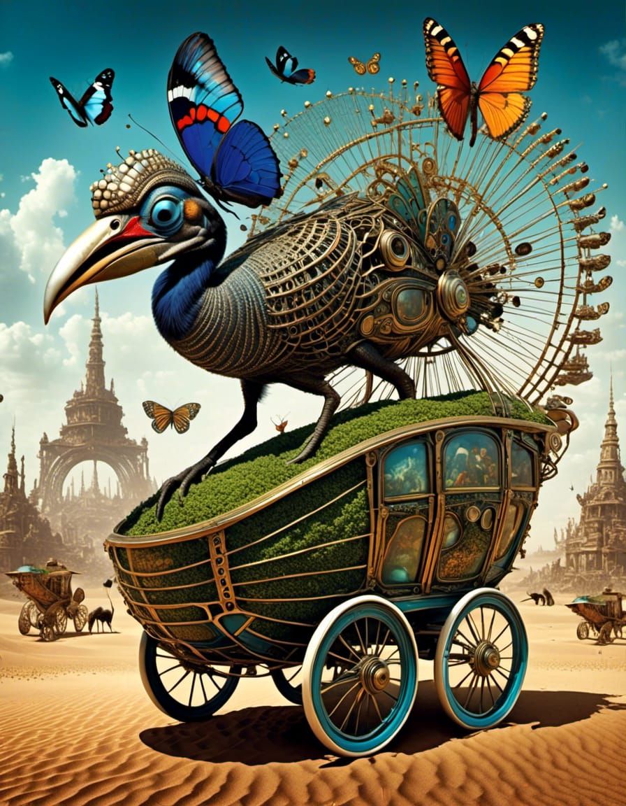 fish eye lens <lora:Surreal v2:1.0> Steampunk Shopping-Cart in Savanna with Butterfly-Life focused Cassowary : intricately detailed : poster...